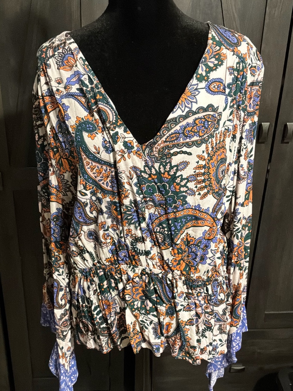 Paisley V-Neck Peplum Blouse in White with Orange & Blue Accents